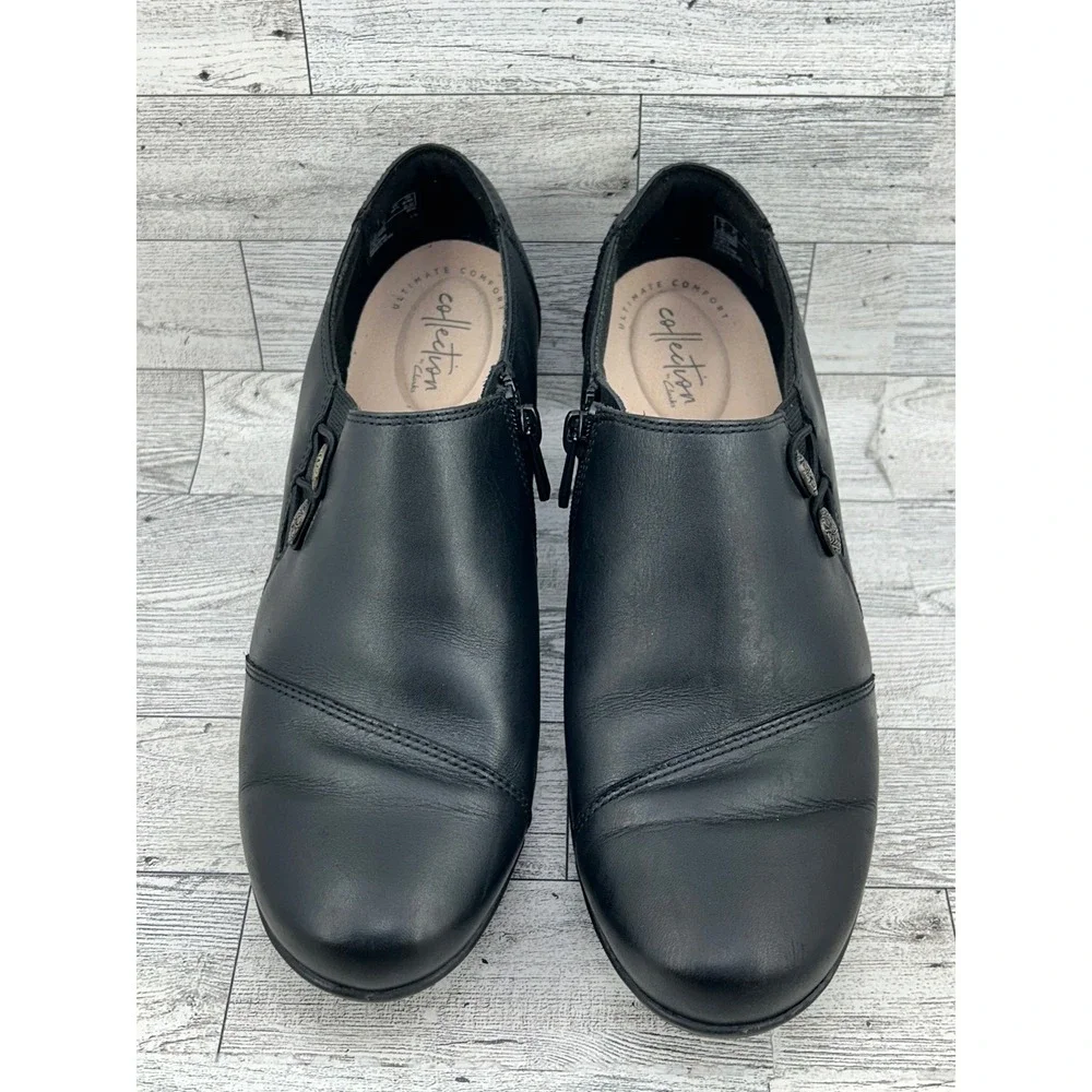 Clarks Collection Black Leather Ankle Booties Side Zip Block Heel Women Sz 8.5W‎